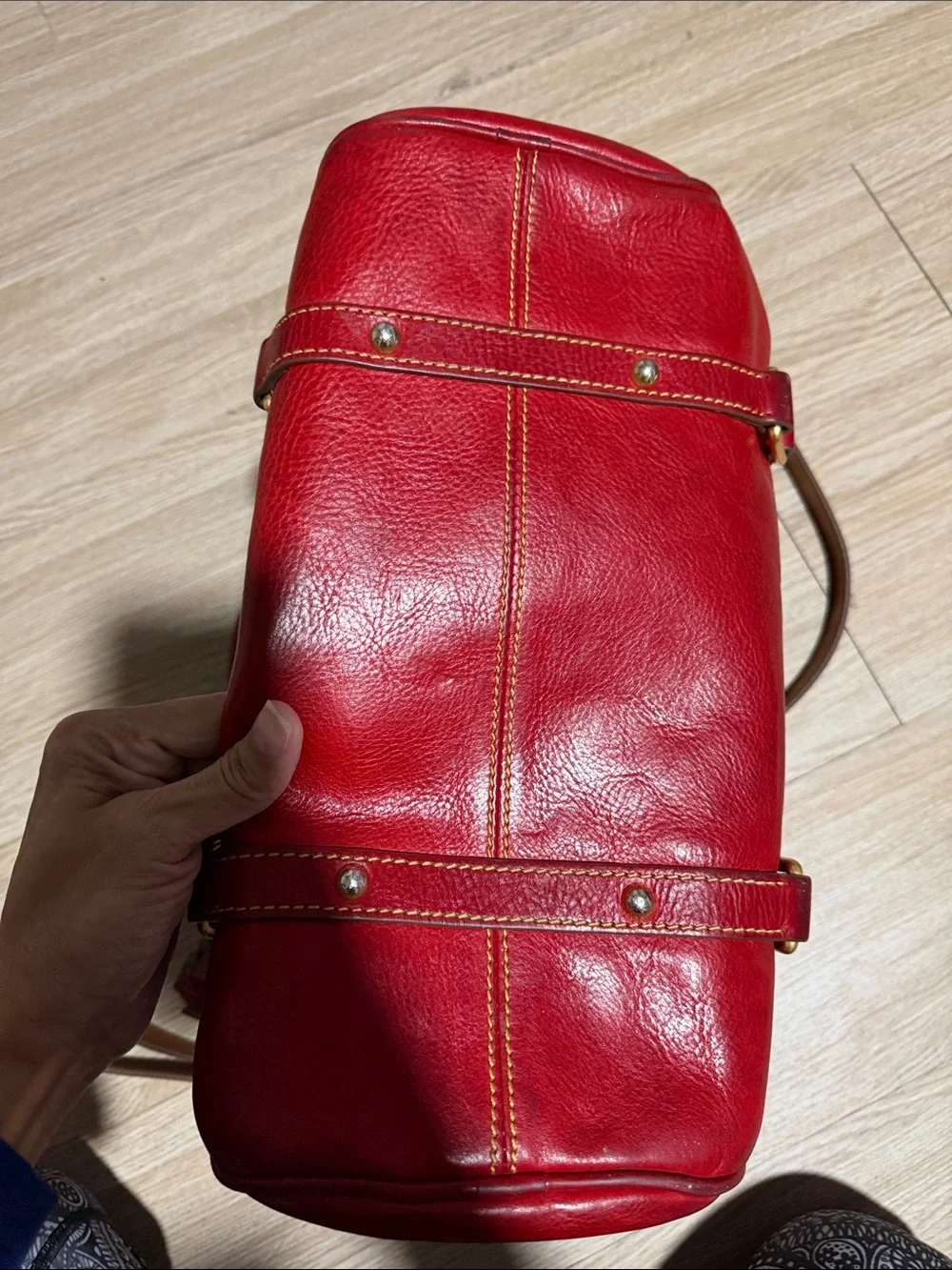 Dooney & Bourke Red Leather Shoulder Satchel with Brass Accents